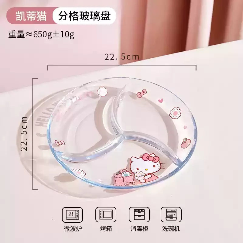 Sanrio Hello Kitty Glass Plate Dish Three Compartment Plate Cute My Melody Cinnamoroll Multi Functional Plate Tableware