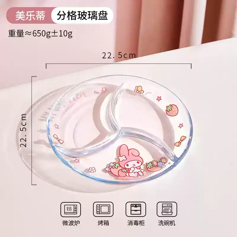 Sanrio Hello Kitty Glass Plate Dish Three Compartment Plate Cute My Melody Cinnamoroll Multi Functional Plate Tableware
