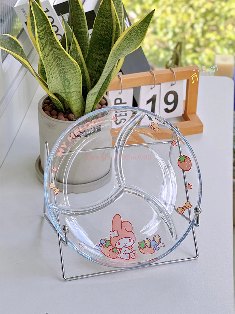 Sanrio Hello Kitty Glass Plate Dish Three Compartment Plate Cute My Melody Cinnamoroll Multi Functional Plate Tableware