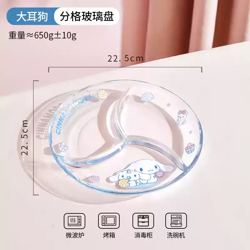 Sanrio Hello Kitty Glass Plate Dish Three Compartment Plate Cute My Melody Cinnamoroll Multi Functional Plate Tableware