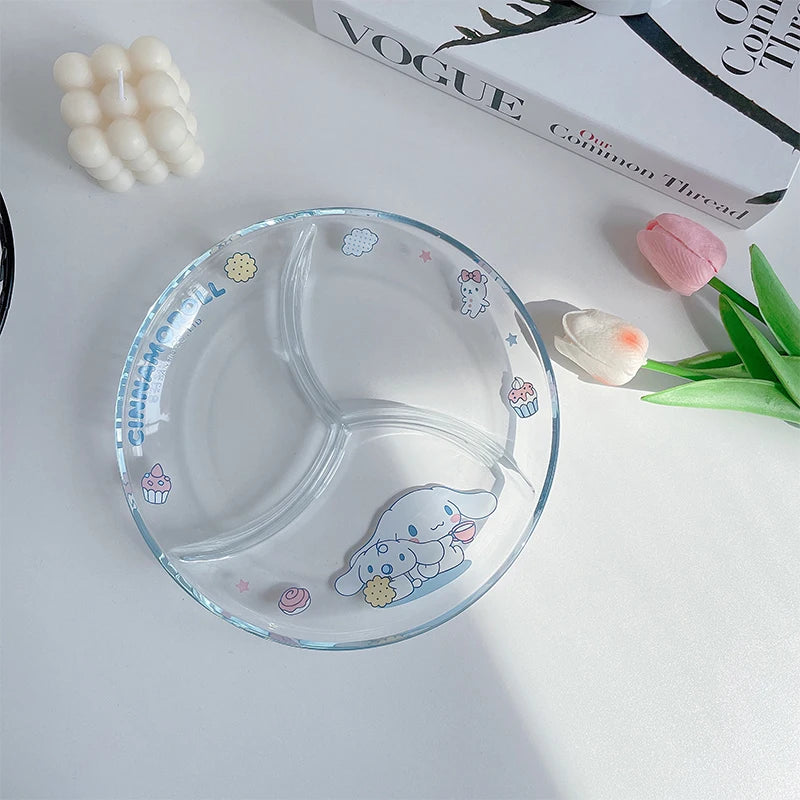Sanrio Hello Kitty Glass Plate Dish Three Compartment Plate Cute My Melody Cinnamoroll Multi Functional Plate Tableware