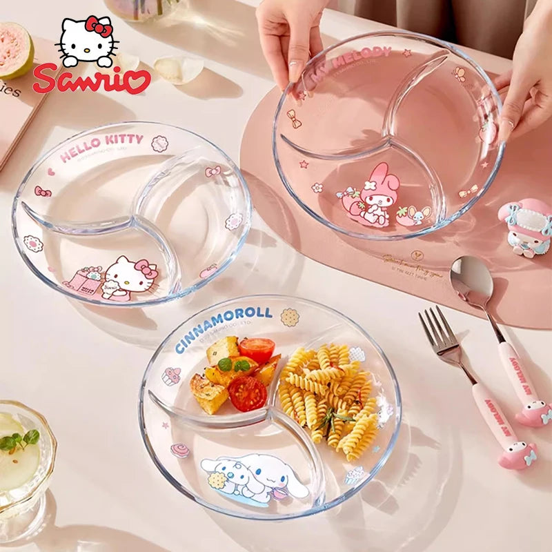 Sanrio Hello Kitty Glass Plate Dish Three Compartment Plate Cute My Melody Cinnamoroll Multi Functional Plate Tableware