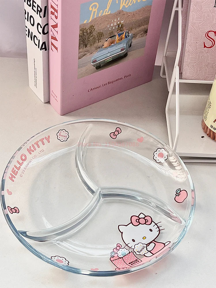 Sanrio Hello Kitty Glass Plate Dish Three Compartment Plate Cute My Melody Cinnamoroll Multi Functional Plate Tableware