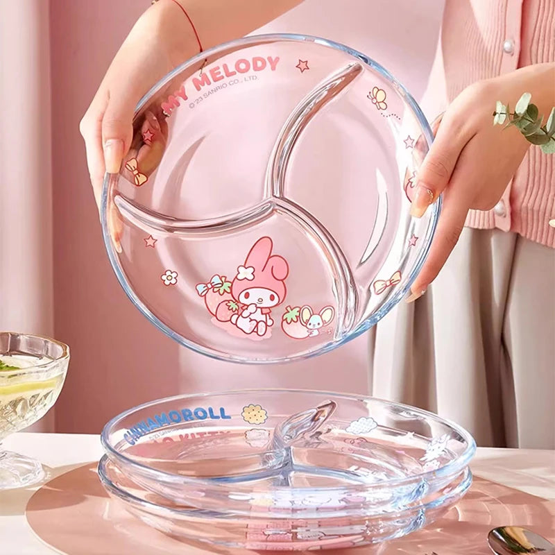 Sanrio Hello Kitty Glass Plate Dish Three Compartment Plate Cute My Melody Cinnamoroll Multi Functional Plate Tableware